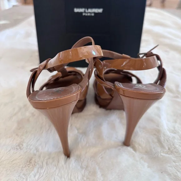 Saint Laurent Tribute Platform Sandals Dark Tan Beige Patent Authentic 38.5 - Picture 7 of 16